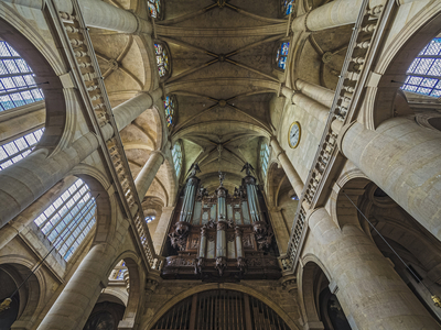The buffet of the great organ, built and sculpted by Jehan de Buron in 1631. Church Saint Etienne du Mont, Paris, (1491-1624)