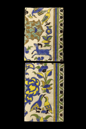 Two tiles with animal decor. Iran, Esfahan (?) , 17th century. Ceramic, decor of black lines. Louvre Museum