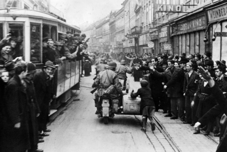 German troops welcomed by crowds during the advance in Yugoslavia, 1940s (b/w photo)
