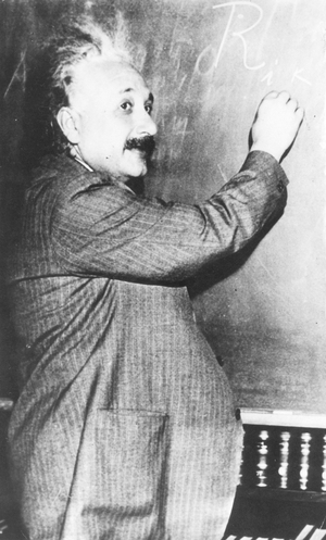 Albert Einstein at the blackboard, USA, c.1930-39 (b/w photo)