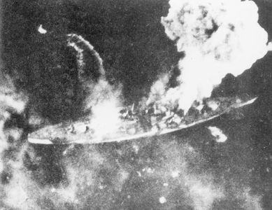 British air attack on the German battleship 'Tirpitz', Norway, 1944 (b/w photo)