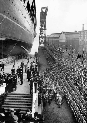 Adolf Hitler and Hermann Goering at the launch of the first German aircraft carrier 'Graf Zeppelin', Kiel, Germany, 1938 (b/w photo)