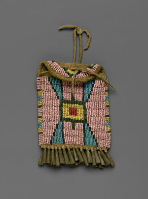 Ration ticket bag, Cheyenne, Sioux or Crow, late 19th-early 20th century (beads, metal & hide)