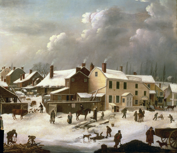 Winter Scene in Brooklyn, detail of a street and the Post Office, c.1817-20 (oil on canvas) (detail of 84498)