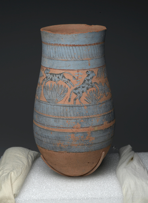 Teardrop shaped vase with painted designs of maidens, cows and swamp plants, New Kingdom, c.1390-1353 BC (painted terracotta)