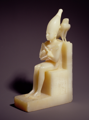 Small seated statuette of Pepi I (2289-2255 BC) with Horus Falcon (alabaster)