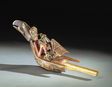 Tsimshian raven rattle (wood, pigment, rattles, cotton twine)