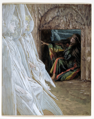 Mary Magdalene Questions the Angels in the Tomb, illustration for 'The Life of Christ', c.1886-94 (w/c & gouache on paperboard)