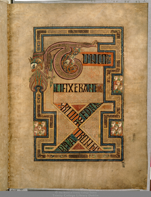 MS 58 fol.124r Page concerning the crucifixion of Christ from the Gospel of St. Matthew with roaring profile lions, from the Book of Kells, c.800 (vellum)