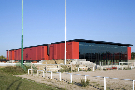 The Palais des Sports de Tremblais-en-France (Tremblais in France), Seine-Saint-Denis (Seine Saint Denis), Ile de France (Ile-de-France). Architecture of B+C architects, 2005. Photography 15/06/05