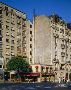 Panoramic view of a tower of the Bibliotheque Nationale de France (BNF) towards the Palais Omnisports de Paris Bercy. Photography 1995.
