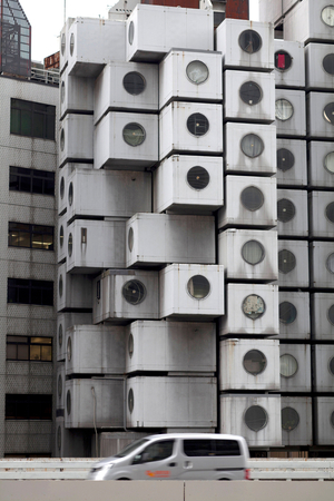 The Nakagin Capsule Tower is located in the Shimbashi district of Tokyo, Japan Nakagin Capsule Tower - Shimbashi - Tokyo - Japon1972 - Kisho Kurokawa -