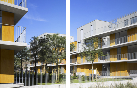 Residence le Sophora, Le Bois lives, in ZAC Euralille 2, in Lille (Nord). Architect Philippe Dubus, realisation 2003- 2006. Located close to the peripheral motorway, the first housing projects of the Bois Habite are out. In a very vegetalised environment, in the form of superimposed houses, this new, fairly dense area will nevertheless offer typologies close to individual housing. Photography 20/09/07.