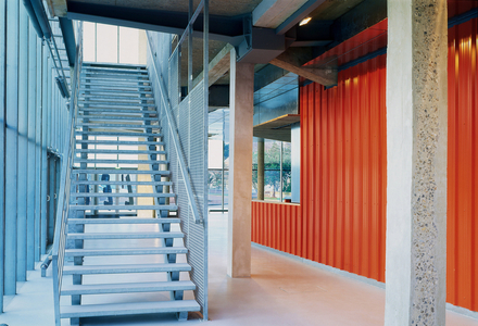 Theatre l'Eclat a Pont Audemer (Pont-Audemer), Eure (27), Haute-Normandie (Haute Normandy), France. Architecture by Jakob Dominique and Mac Farlane Brendan, 2001. Photography 2001