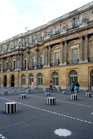 The columns of Daniel Buren, Jardins du Palais Royal, Paris. The columns that grid the court were added in 1986 following a public order from the Ministry of Culture.