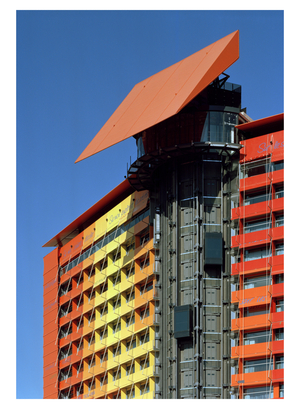 The facade of the Hotel Puerta America, 41 Avenida America in Madrid, Spain, built in 2005. Photography 13/09/05