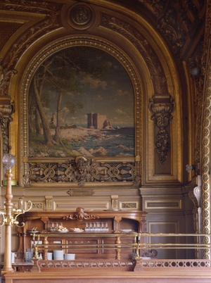 Le Train Bleu, Gare de Lyon, Paris 12. Architecture, 1900. The railway company PLM wanted to offer the Gare de Lyon for the 1900 World Exhibition a buffet that it wanted sublime. Ornaments and fresco, the former “buffet of the Gare de Lyon” perfectly represents the fine style of the second empire. On April 7, 1901, it was even inaugurated by the President of the Republic, Emile Loubet. It was not until 1963 that it was renamed “” Le Train bleu”” in honour of the legendary Paris-Ventimille train (Paris Ventimille)