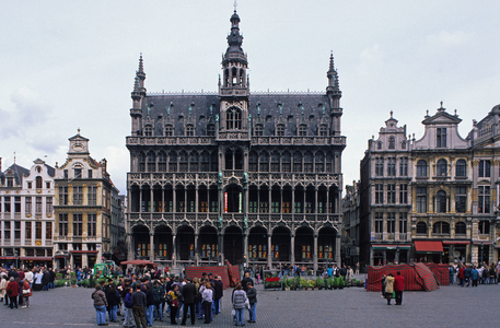 Grand Place in Brussels, Belgium, with the King's House in the foreground. Since the Middle Ages, all the corporations have grouped around this urban home, an expression of the prosperous textile fabric that made Brussels famous. In the foreground, the King's House, former residence of Charles V, King of Spain. This house today houses the museum of the city of Brussels. Photography 10/04/99.