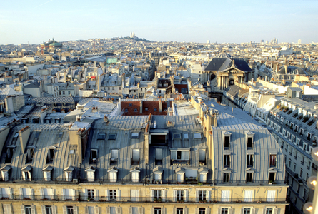 Panoramic view of the Parisian roofs, with Rue de Rivoli in the foreground, Paris.
