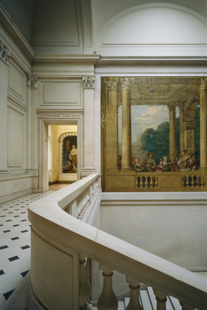 The Musee Carnavalet, 23 rue de Sevigne, Paris 75003. Architect: Nicolas Dupuis in 1548-1560 and rehabilitated in 1660 by Francois Mansart. Dedicated to the history of Paris, this grand museum has occupied two adjoining hotels since 1991: Hotel Carnavalet, one of the most beautiful hotels of the Parisian Renaissance and Hotel Le Peletier de Saint-Fargeau, built in the 18th century. In 1660, Francois Mansart was commissioned to expand and modernize it. In the foreground is the Victory Court with French gardens. Photograph 1992.