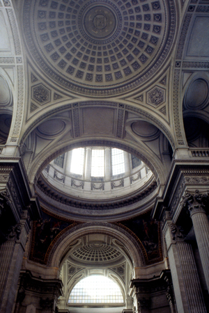 The Pantheon in Paris. Construction 1757-1790, architect Jacques Germain Soufflot (1713-1780). In 1744 Louis XV, suffering from a serious illness in Metz, would wish to erect an immense church instead of the abbey of Sainte Genevieve, which was then in ruins. When the war came, he kept his word and assigned the architect Soufflot the task of drawing the plans of the monument. A great admirer of Greek Roman architecture, he imagined a gigantic building, built on a plan of Greek cross 110 metres long, 84 metres wide and 83 metres high. At the time, the project seemed so insane that many, in the court and in the salons of the capital, would question Soufflot's abilities and prevent the collapse of the monument. Louis XV confirmed his confidence in the architect and laid the foundation stone in 1764 during a grand ceremony. In 1806, the Pantheon, like all the churches in France closed during the revolution, was restored to its original name of Sainte Genevieve church. Renamed Pantheon in 1830, the building regained its vocation as a laique and patriotic temple. Headquarters to the insurgents of the Commune in 1871, during which Milliere was shot on the steps, the building was definitively transformed into a Republican monument in 1885, during the funeral of Victor Hugo.