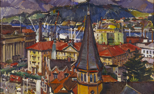 City, harbour and tower, c.1950 (oil on canvas)