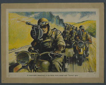 'A motor-cycle detachment of the British Army armed with "Tommy" guns' (colour litho)