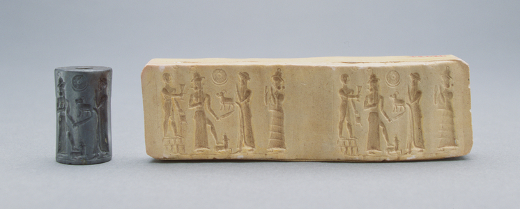 Cylinder seal, shown with plaster impression, Old Babylonian, c.19th-18th BC (haematite)