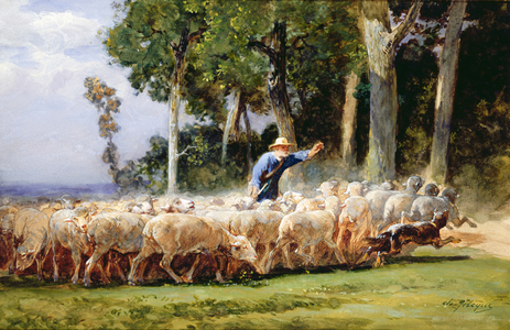 A Shepherd with a Flock of Sheep (w/c on paper)