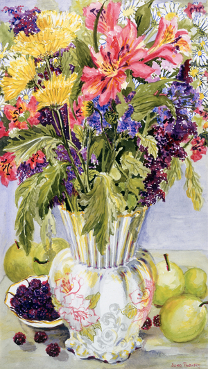Blackberries and Apples with a Jug of Mixed Flowers (watercolour)