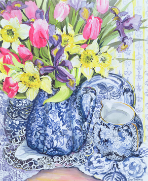 Daffodils, Tulips and Irises with Blue Antique Pots (watercolour)