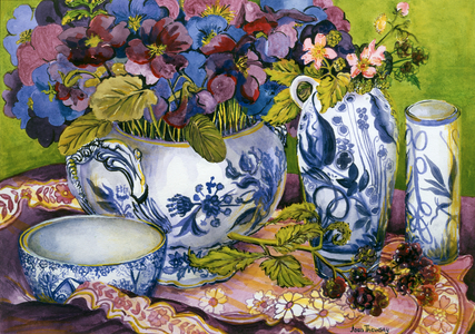 Still Life with Pansies, Violas and Blackberries (w/c on paper)