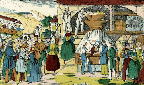 The wonderful mill makes beauty to women, 19th century (Epinal print)