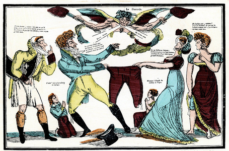 Marital dispute arbitrated by discord, 19th century (Epinal print)