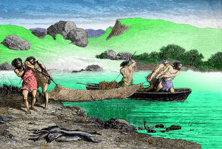 Prehistory: Fishermen at the time of polished stone. Neolithic era. 1870 engraving.