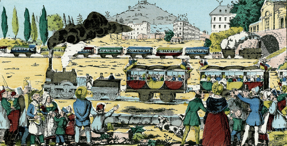 Spectators watching trains on the railways, 19th century (Epinal print)