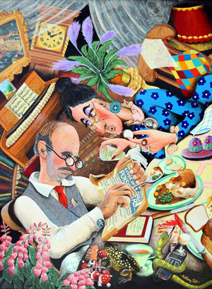 Mr. & Mrs. Pugh as he plots his wife's demise, 2005 (acrylic on panel)