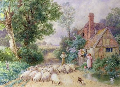 Shepherd and his flock passing a country cottage (w/c on paper)