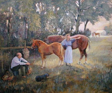 Michael and Gay Tollemache with their Suffolk Punch Horses, 1997 (oil on canvas)