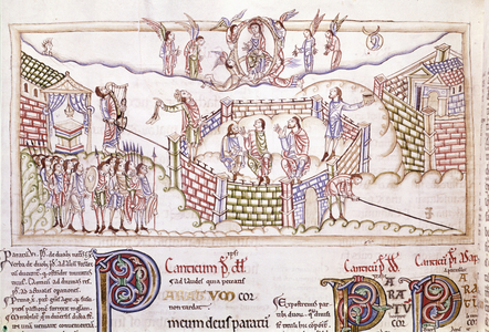 Ms R.17.1 f.195v God dividing up the Promised Land, Psalm 108, from the 'Eadwine Psalter', c.1150 (vellum)