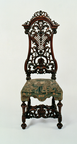 Carved chair, with tapestry upholstery, 17th century