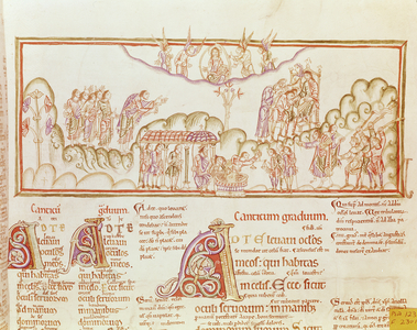 Ms R.17.1 f.230 Slaves kissing their masters' hands. Receiving a share of corn, Psalm 123, from 'Eadwine Psalter', c.1150 (vellum)