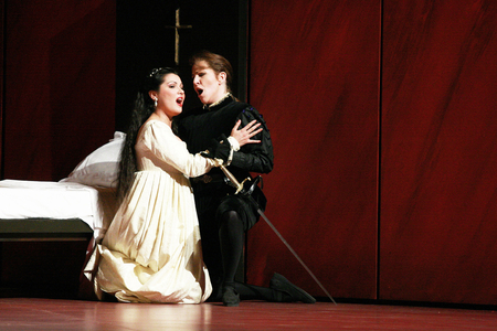 Anna Netrebko (Guiletta) and Joyce DiDonato (Romeo). Capulets and Montaigus opera by Vincenzo Bellini at the Opera Bastille, Paris, May 2008. Orchestre et choreurs de l'Opera de Paris directed by Evelino Pido and directed by Robert Carsen. Photography