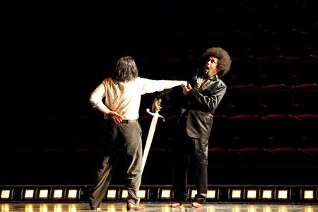 Giuseppe Filianoti (Hoffmann) and Yuri Kissin interpreting Schlemil. Les Tales d'Hoffmann, opera by Jacques Offenbach at the Opera Bastille, May 2010. Orchestra and choir of the Opera directed by Jesus Lopez Cobos and directed by Robert Carsen. Photography