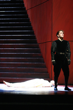 Joyce DiDonato (Romeo) and Anna Netrebko (Guiletta). Capulets and Montaigus opera by Vincenzo Bellini at the Opera Bastille, Paris, May 2008. Orchestre et choreurs de l'Opera de Paris directed by Evelino Pido and directed by Robert Carsen. Photography