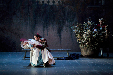 Ekaterina Syurina (Susanna), Luca Pisaroni (Figaro) and Ludovic Tezier (Il Conte di Almaviva). Les Noces de Figaro, opera by Wolfgang Amadeus Mozart at opera Bastille, October 2010. Orchestra and choir of the Opera de Paris directed by Philippe Jordan and directed by Giorgio Strehler. Photography