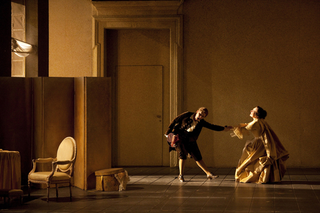 Catherine Deshayes (Cherubino) and Ekaterina Syurina (Susanna). Les Noces de Figaro, opera by Wolfgang Amadeus Mozart at opera Bastille, October 2010. Orchestra and choir of the Opera de Paris directed by Philippe Jordan and directed by Giorgio Strehler. Photography