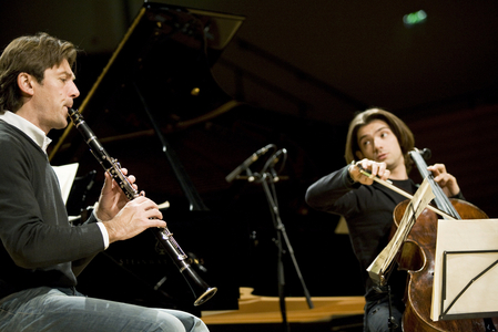 Portrait of Paul Meyer, clarinet player and Gautier Capucon cellist. Salle Pleyel, Paris. Photography October 2008.