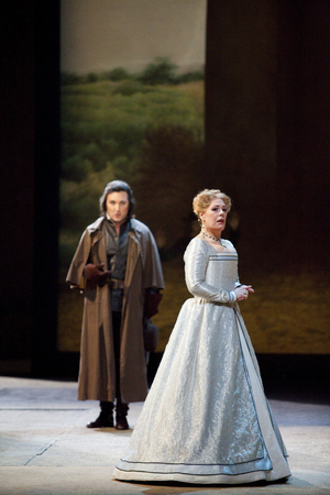 Ludovic Tezier (Rodrigo) and Sondre Radvanovsky (Elisabetta di Valois). Don Carlo, opera by Giuseppe Verdi at the Opera Bastille, Paris, February 2010. Orchestre et choreurs de l'Opera de Paris directed by Carlo Rizzi and directed by Graham Vick. Photography