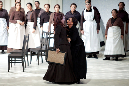 Adrianne Pieczonka (Senta) and Mary Angel (Mary Angel) Todorovich (Mary). The ghost ship, Richard Wagner's opera at Opera Bastille, September 2010. Orchestra and choir of the Opera de Paris directed by Peter Schneider and directed by Willy Decker. Photography